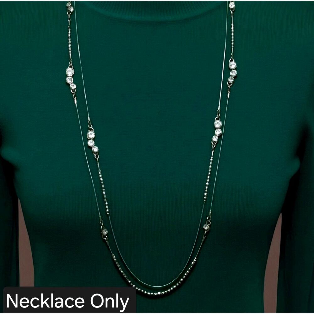 LOFT Light Gold Tone Double Strand Clear Rhinestone Station Long Necklace 35"